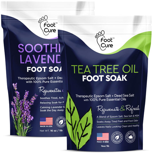 Tea Tree Oil & Soothing Lavender Foot Soak with Epsom Salt - Best Toenail Treatment & Softens Calluses - Soothes Sore & Tired Feet, Foot Odor Scent, Spa Pedicure - Made in USA - 16oz (Pack of 2)