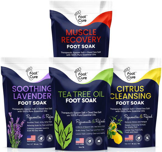 Foot Soak with Epsom Salts- Variety Pack of 4- Tea Tree Oil, Muscle Relief, Calming Lavender & Citrus Soak- for Foot Pain, Soreness, Athletes Foot, Odors, Toe Nail Fungus, Fungal, Calluses Made in USA