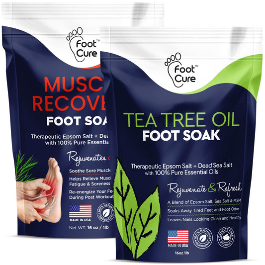 Tea Tree Oil & Muscle Relief Foot Soak with Epsom Salts - All Natural Salts for Post Workout Recovery - Softens Calluses, Soothes Sore & Tired Feet, Foot Odor Scent, Spa Pedicure Made in USA Pack of 2