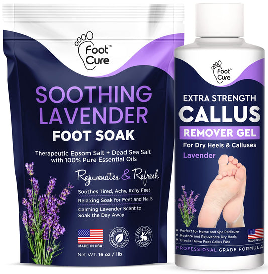 Lavender Foot Soak & Callus Remover Gel Kit - Extra Strength Callus Remover Gel for Feet, Remove Calluses with Epsom Salts, Dry Cracked Heels & Foot Odor, at Home Pedicure - Foot Care for Tired Feet